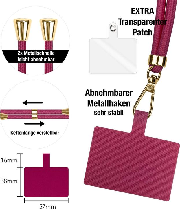 Produktbild Nalia Handyband + Pad für Hülle zum Umhängen, Karabinerhaken Anhänger aus Metall (gold)