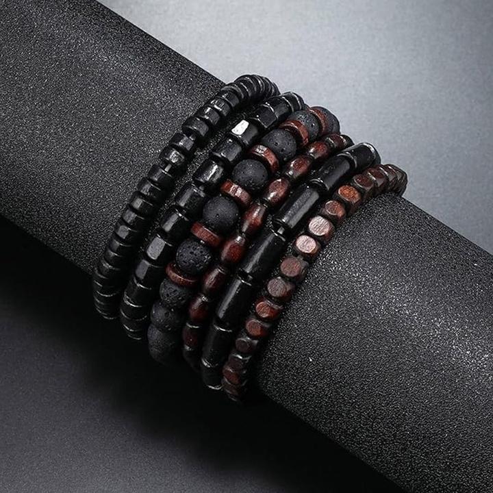Image du produit Cbx Elastisches Perlen Armband Set Lavastein und Vintage-Holzperlen