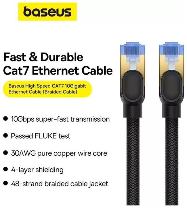 Produktbild Baseus Braided network cable cat.7 Ethernet RJ45, 10Gbps, 20m (black) (S/FTP, CAT7, 20 m)