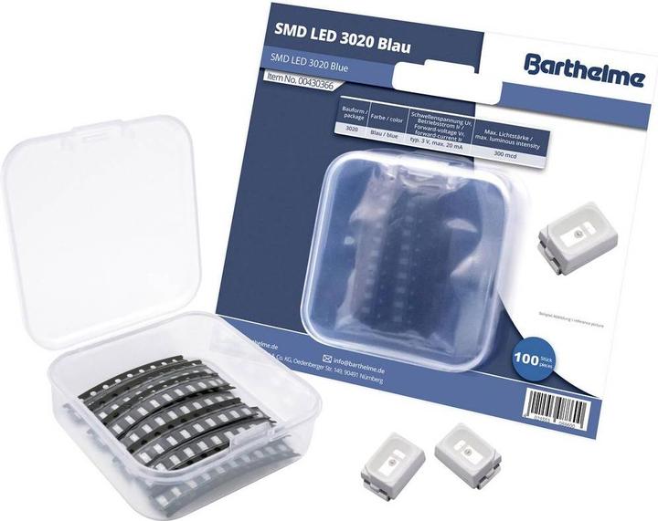 Image du produit Barthelme Kit de LED SMD 3020 Bleu 300 mcd 120° 20 mA 3 V 100 pcs. En vrac