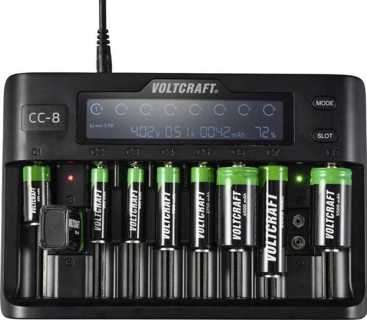 Produktbild Voltcraft CC-8 Rundzellen-Ladegerät (1 Stk., 10340, 14500, 16340, 17500, 18490, 18500, 18650, 21700, 22650, 26500, 26650, Sub-C, A, 9V Block, AA, AAA, Ladegerät ohne Akku)