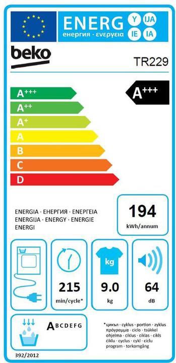 Energie-Label Beko Wäschetrockner TR229 (9 kg)