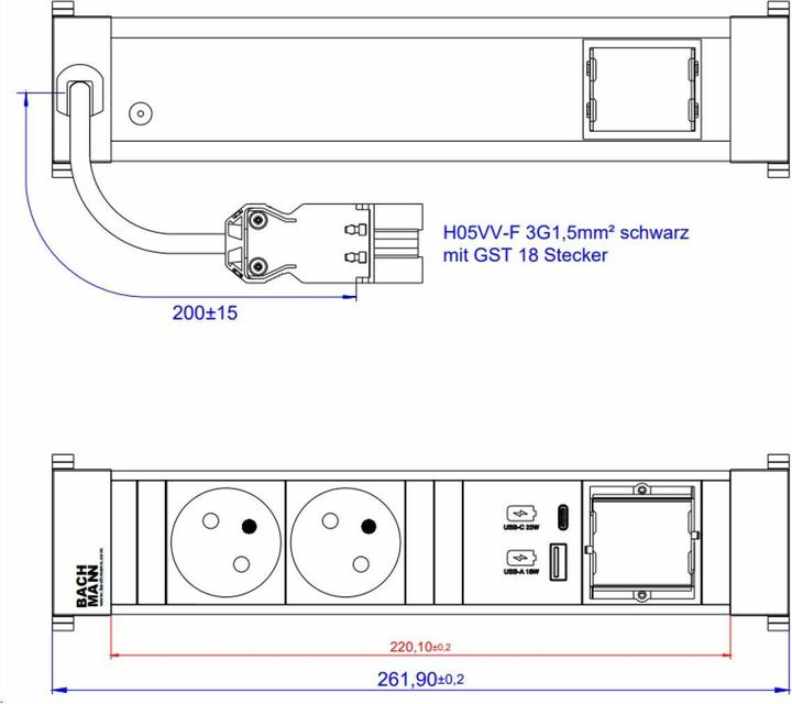 Image du produit Bachmann Power Frame M 2xUTE 916.5281xUSB A&C 22W 1xCM 0.2m GST18 (2 x, PECO 7/5, CEE 7/3, 0.20 m)