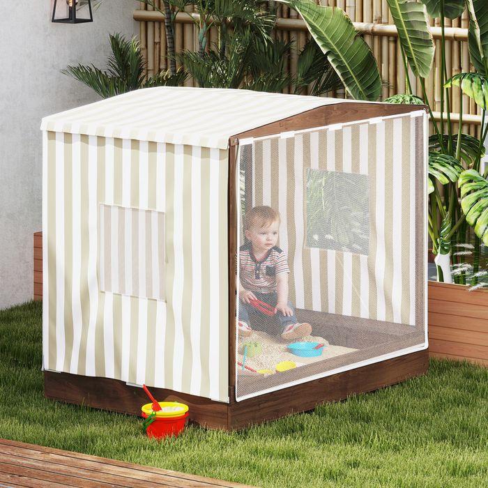 Produktbild Swisshandel24 Sandkasten mit Vordach und Netztür 142 x 101,5cm Sandkiste aus Holz mit Sitzbank