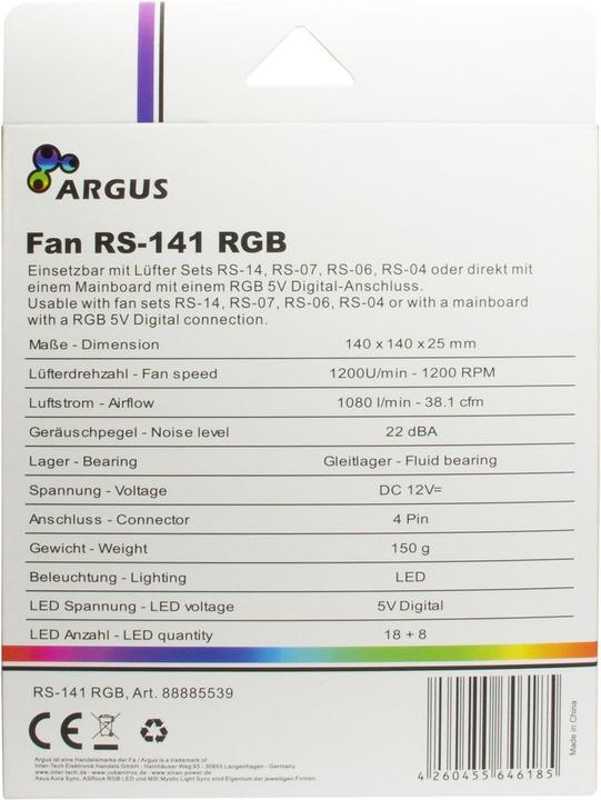 Produktbild Intertech Inter-Tech Lüfter 140*140*25 ARGUS RS-141 RGB,26 RGB-LEDs retail (140 mm, 1 x)
