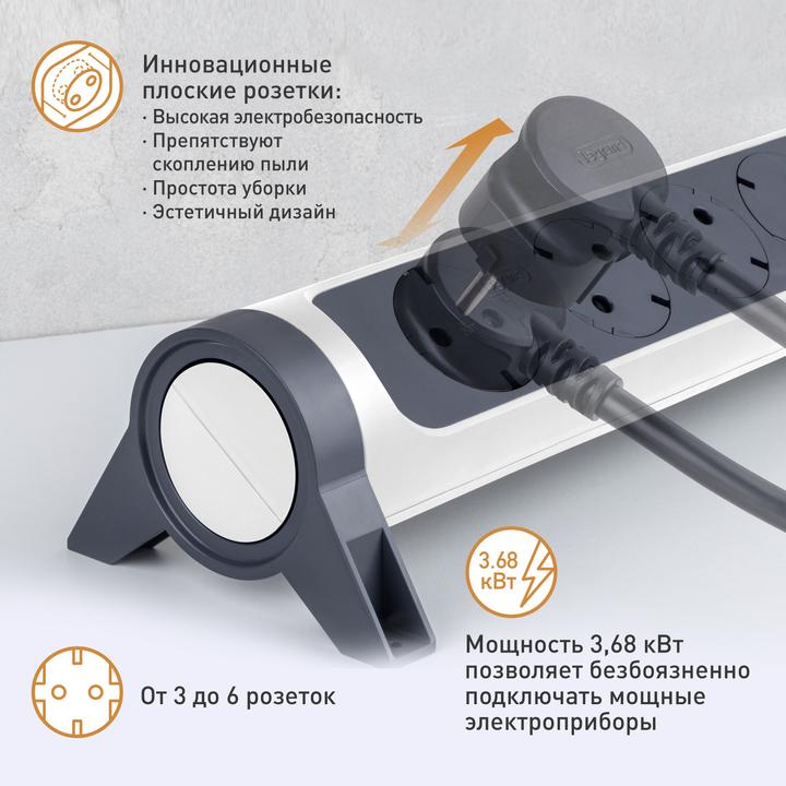 Actual product image Legrand Power strip rotatable 3x socket, USB-A, USB-C, SPD, 1.5m cable white-black 694508 (3 x, CEE 7/5, 1.50 m)