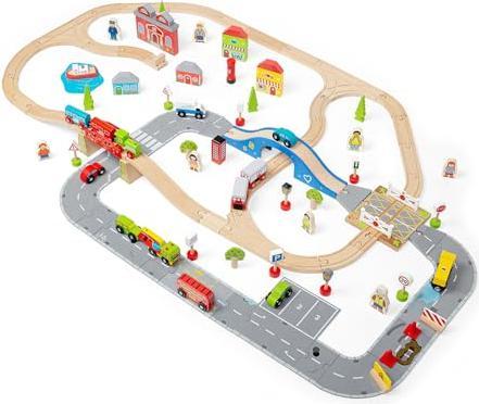 Bigjigs Holzeisenbahn- und Autogleis-Set
