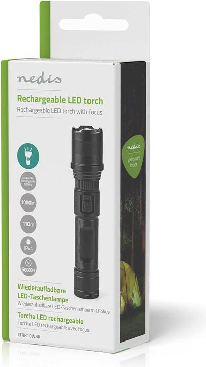 Immagine prodotto Nedis Torcia LED, corpo in metallo, batteria ricaricabile, 3,7 V, 10 W (3.50 cm, 1000 lm)