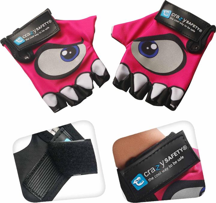 Crazy Safety Pink kids bike gloves with reflective eyes, padded palms - Pink - Size S (S)