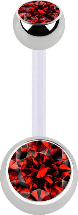 Star Piercing Banane transparent mit zwei Kugeln silber Kristall rot (Bioflex, ohne Messing, Chirurgenstahl 316L)
