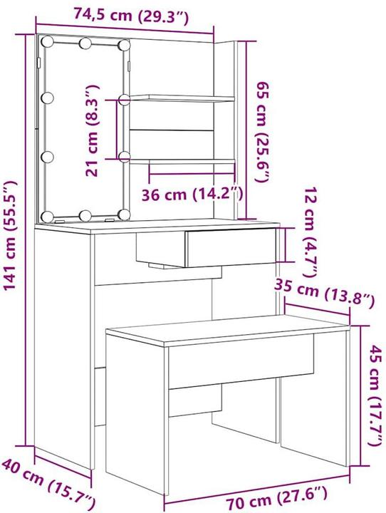 Image du produit VidaXL Schminktisch-Set mit LED-Leuchten Altholz-Optik Holzwerkstoff (74.5 x 40 x 141 cm)