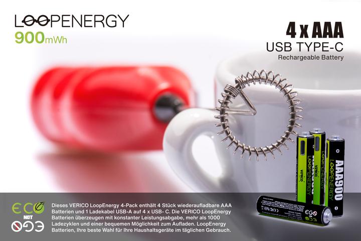 Actual product image Verico Li-Ion USB-C Micro AAA Battery 1.5V 900mWh 600mAh chargeable via USB (4 pcs., AAA, 600 mAh)