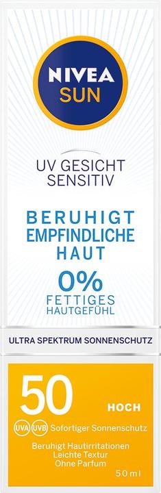 Actual product image NIVEA Sun, face cream, soothes irritation, SPF 50+, 50 ml (Suntan cream, SPF 50, 50 ml)