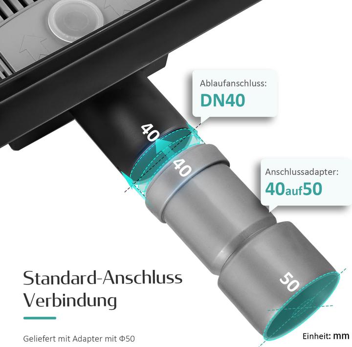 Produktbild Emke Duschrinne Edelstahl, Bodenablauf Komplettset Siphon mit Geruchsstop, Haarsieb, 600cm, Schwarz (600 mm)