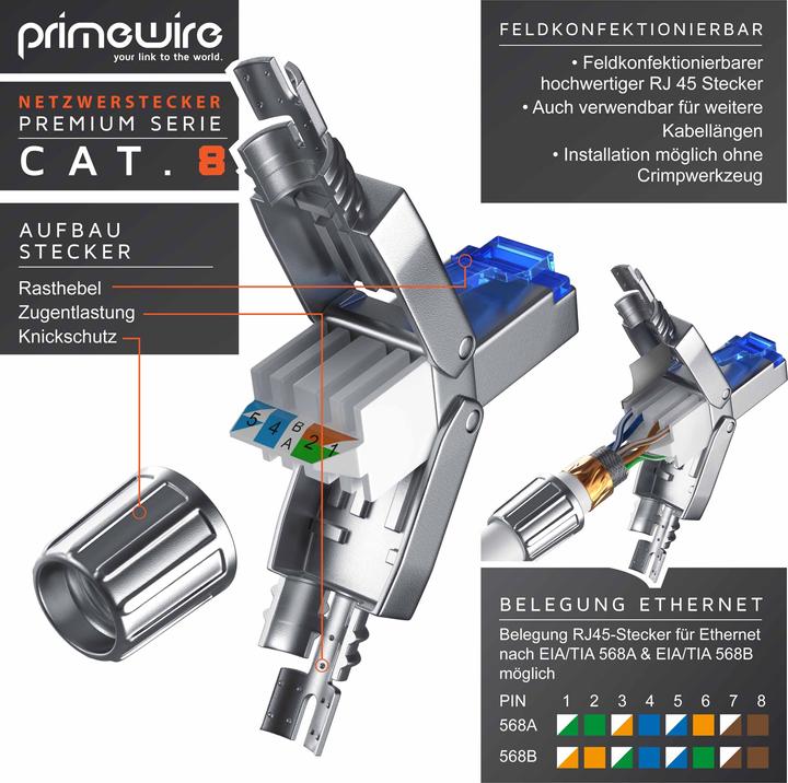 Produktbild Primewire 8x Netzwerkstecker feldkonfektionierbar RJ45 CAT 8, Steckverbinder CAT8 für LAN Kabel Netzwerkkabel (0.05 m)