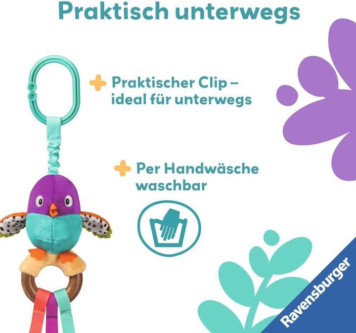 Actual product image Ravensburger 4853 play+ chirping bird, wooden grasping toy, cuddly toy with chirping belly