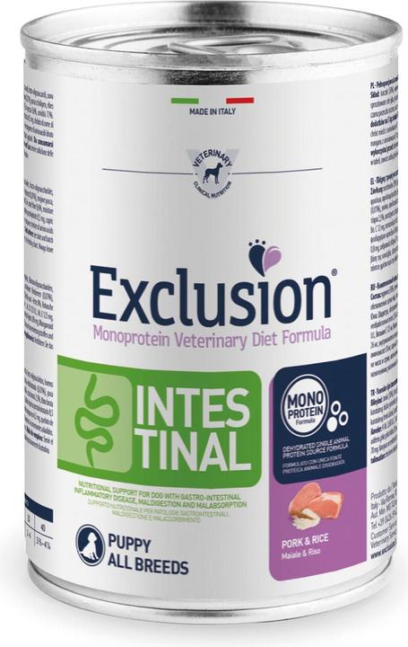 Produktbild Exclusion Gastrointestinal Pork & Rice, Puppy All Breeds (Junior, 24 Stk., 400 g)
