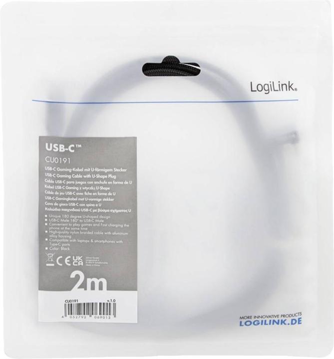 Produktbild LogiLink USB 2.0 Type-C-Kabel, C/M 180° zu USB-C/M, Alu, schwarz, 2 m (2 m, USB 2.0, 60 W)