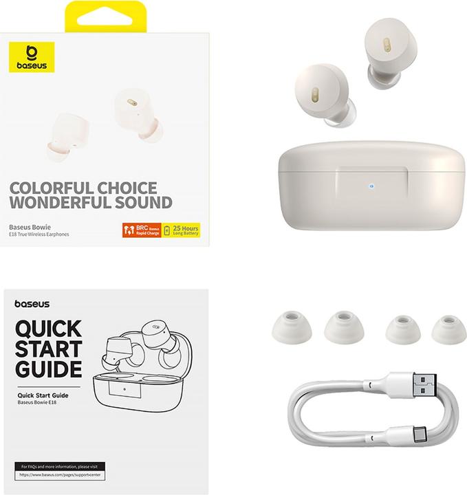 Actual product image Baseus Bowie E18 wireless TWS ENC IPX4 headphones - white (ANC, 25 h, Wireless)