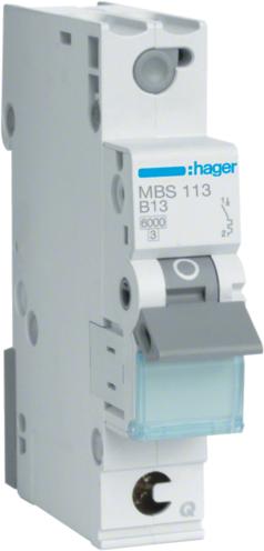 Hager MBS113. Nennstrom: 13 A, AC Eingangsfrequenz: 50/60 Hz. Typ: B-type, Module Menge (max): 1 Modul(e).