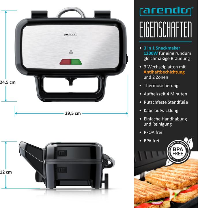 Actual product image Arendo Sandwich maker Waffle iron Contact grill with removable plates - with non-stick coating