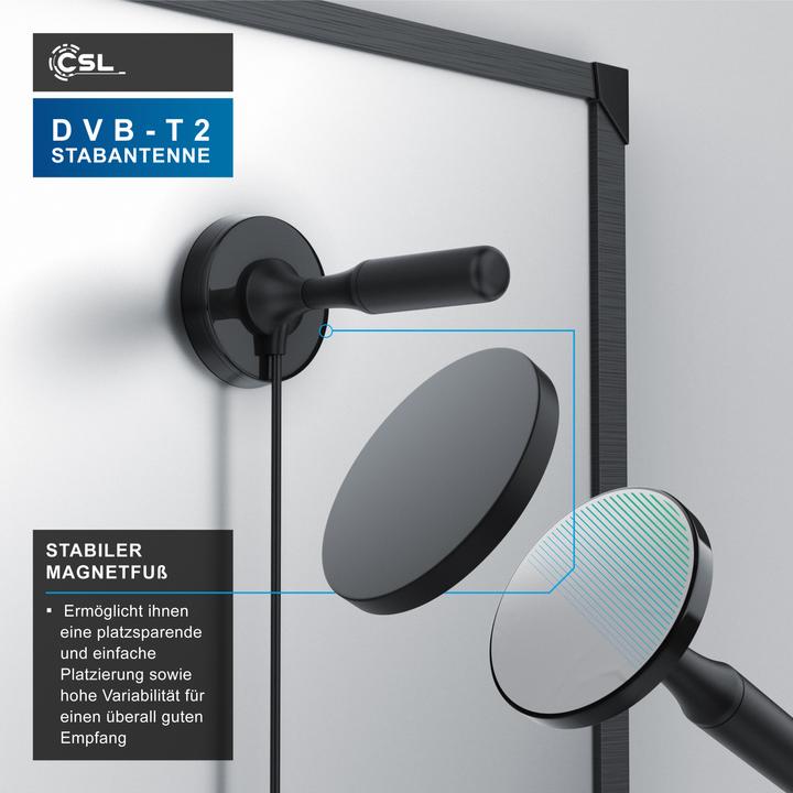 Produktbild CSL DVB-T2 Stabantenne für Innenbereich, digitale Antenne mit 4m Kabel / inkl. F-Stecker Adapter (Stabantenne, 5 dB, DVB-T / -T2)