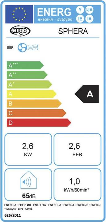 Energie-Label Argo SPHERA Klimagerät 10.000 BTU 45m2 (45 m², 10000 BTU/h)