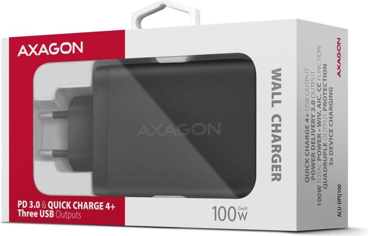 Produktbild Axagon ACU-DPQ100, GaN nabíječka do sítě, 3x port (USB-A + dual USB-C), PD3.0/PPS/QC4+/Apple (100 W)
