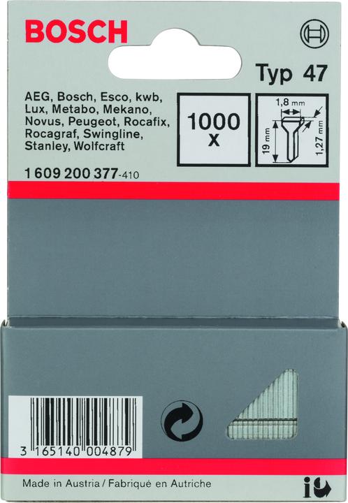 Image du produit Bosch Professional Zubehör Clous à agrafer type 47, 1,8 x 1,27 x 19 mm, pack de 1000