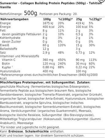Valori nutrizionali e ingredienti Sunwarrior Peptidi proteici per la costruzione del collagene Tahitian Vanilla (1 Pezzo/i, Polvere, 500 g)