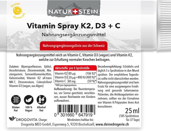 Nährwerte und Zutaten Naturstein Vitamin K2 D3 + C (1 Stück, Spray, 42 g)