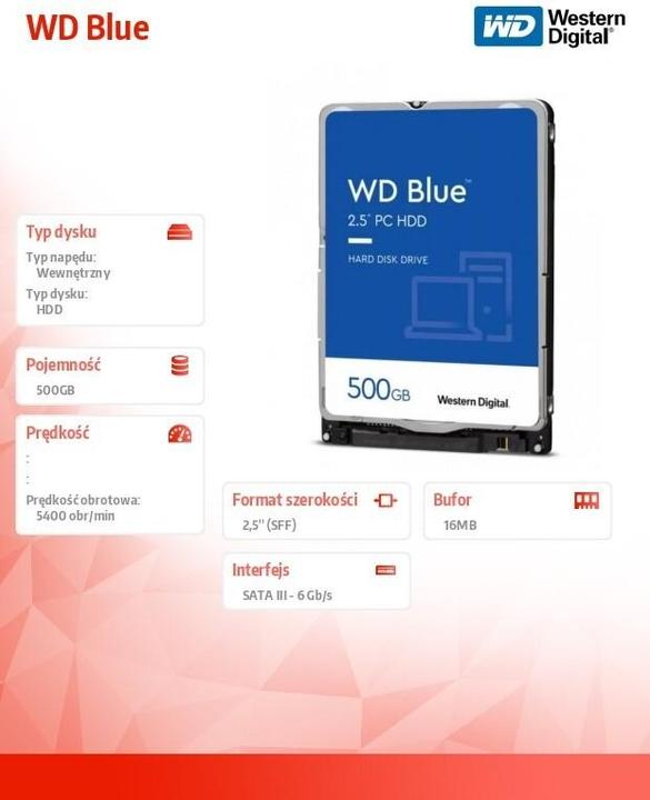 Produktbild WD Blue Mobile 500GB HDD 5400rpm SATA serial ATA 6Gb/s 128MB cache 6,4cm 2.5" RoHS compliant intern (0.50 TB, 2.5", SMR)