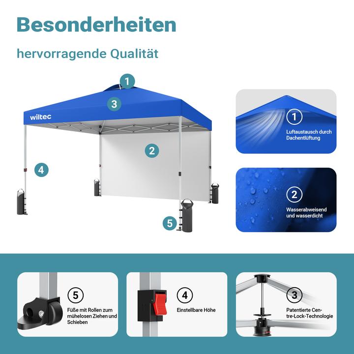 Actual product image Wiltec Pop up gazebo 3x3m blue side section wheels garden gazebo folding gazebo (300 cm, 300 cm)