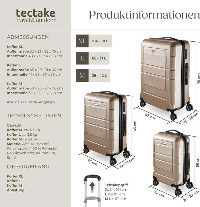 Immagine prodotto tectake Set di valigie rigide Brice 3 pz., lucchetto TSA (111 l, M (50 - 90l), L (90 - 115l), XL (da 115l))