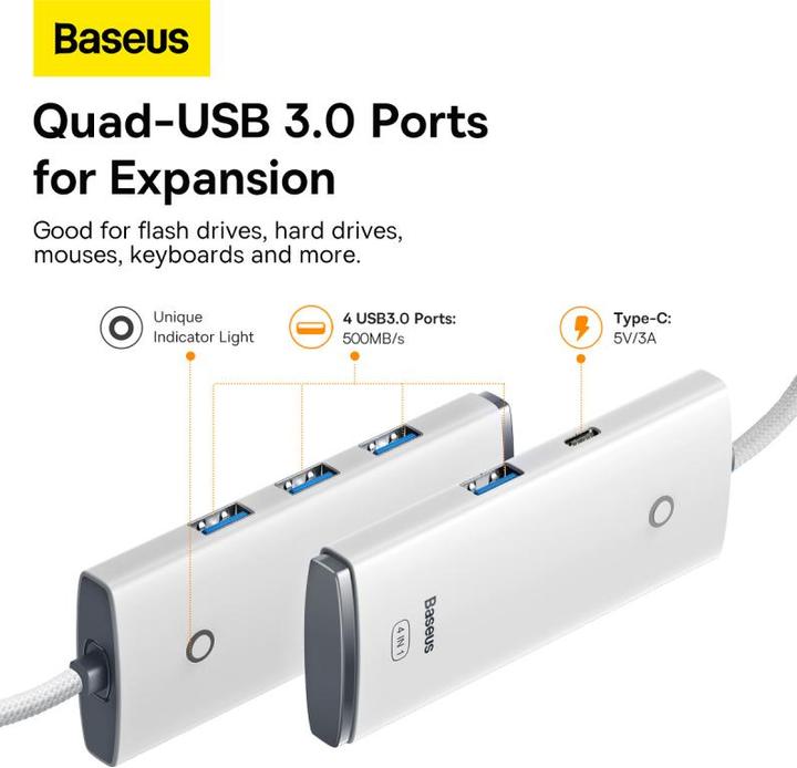 Produktbild Baseus Lite Series 4-Port Type-C HUB Adapter (Type-C to USB 3.0*4 ) 2m White (USB-C, 80 Ports)