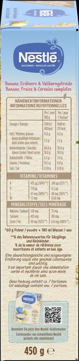 Valeurs nutritives et ingrédients Nestlé Bouillie lactée banane fraise & céréales complètes 8 mois pdr (515 g)