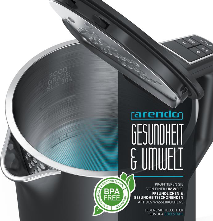 Produktbild Arendo Edelstahl Wasserkocher 1,5 l 2200 W, Doppelwand, Temperaturwahl 40 - 100°C mit Anzeige, Cool Grey (1.50 l)
