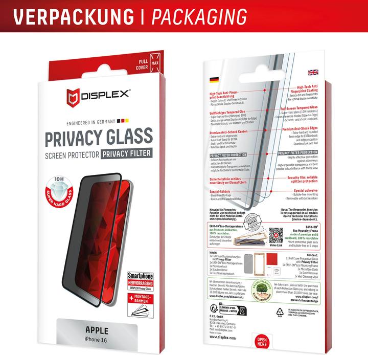 Produktbild Displex Privacy Glass, Privacy Full Cover Panzerglas (1 Stück, Apple iPhone 16)