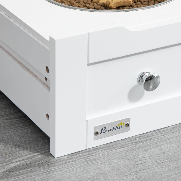 Produktbild Swisshandel24 Haustier-Futterschrank Tierfutterschrank mit 2 Edelstahlnäpfen, 3 Haken, Weiss