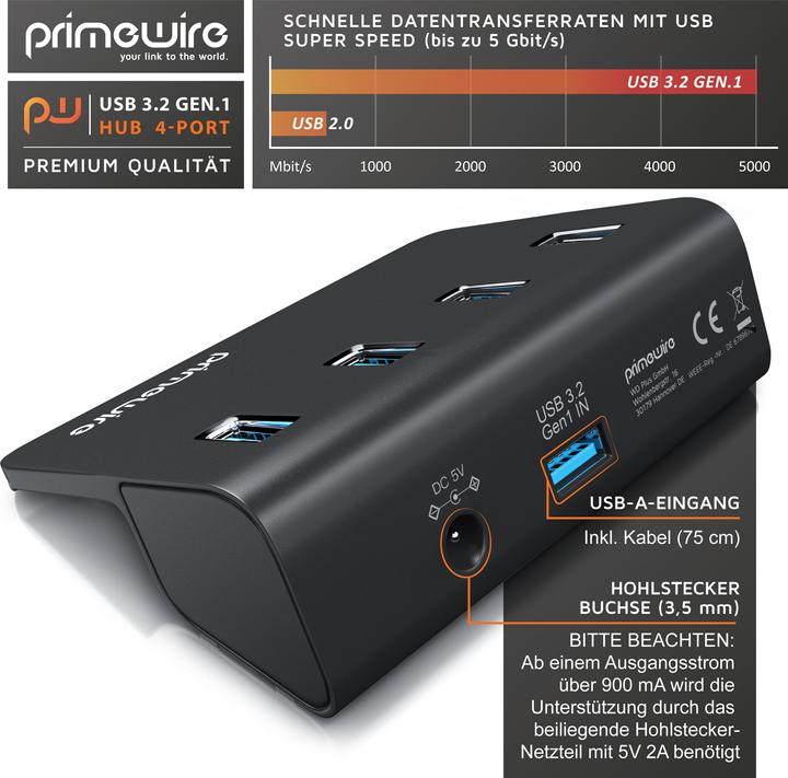 Immagine prodotto Primewire Hub a 4 porte USB 3.2 Gen.1 attivo, distributore con alimentatore, hub dati USB 3.0 supervelocità (USB-A, 4 Porti)