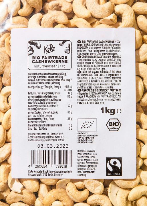 Valeurs nutritives et ingrédients KoRo Noix de cajou (1000 g)