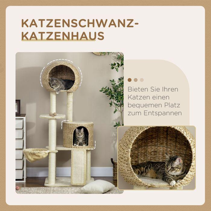 Produktbild Swisshandel24 Kratzbaum, 150 cm, Katzenbaum mit Katzenhaus, Kletterbaum mit Hängematte und Rampe, Katzenkratzbaum (150 cm, Braun, Creme)