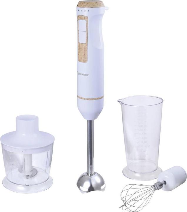 Produktbild Bergner Stabmixer 800W mit Messbecher, mit Zerkleinereraufsatz Weiss, Holz