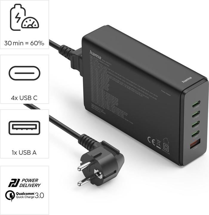 Produktbild Hama Ladestation 5 Ports, GaN, Schnellladegerät, 4xUSB-C, 1xUSB-A, PD, 240 W, SW (240 W)