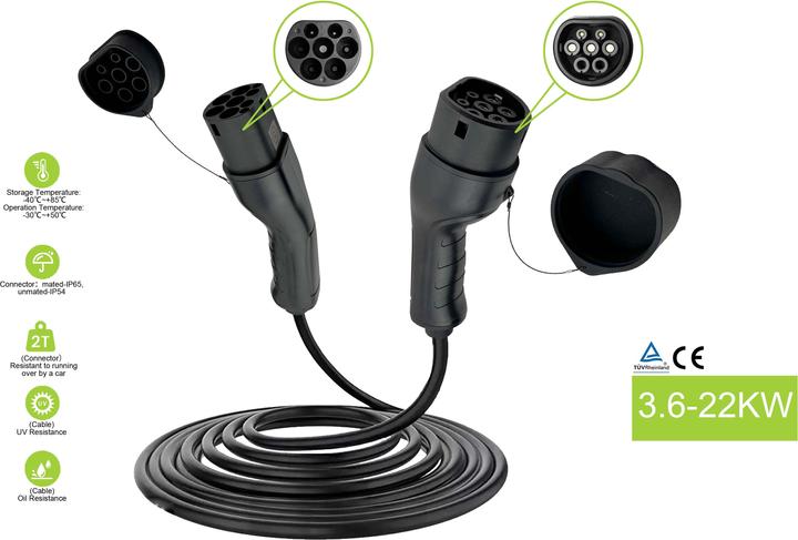 Image du produit Helos Câble de recharge pour voiture électrique (Type 2, 11 kW, 16 A, 5 m)