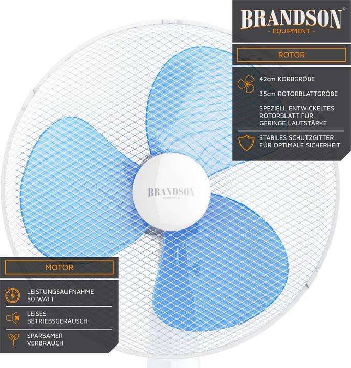 Produktbild Brandson Standventilator, 42 cm Ø, Standlüfter, Fernbedienung, Neigbar 30°, 50W, Oszillation 80°, weiss/blau (45.60 dB)
