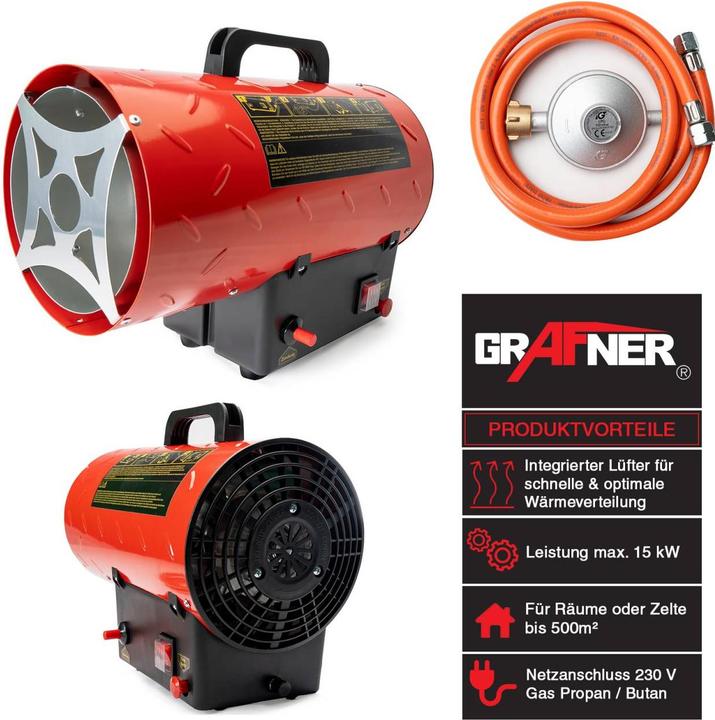 Produktbild Grafner 10kW Gasheizgebläse Gasheizer für Gasflasche Gasdruckregler Bauheizer 700mbar Gasheizgerät (15000 W)
