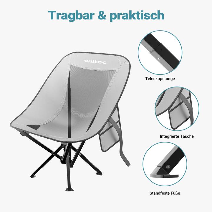 Image du produit Wiltec Chaise pliable de camping, Chaise de pêche, Fauteuil pliant compact 100 kg max. Gris Noir
