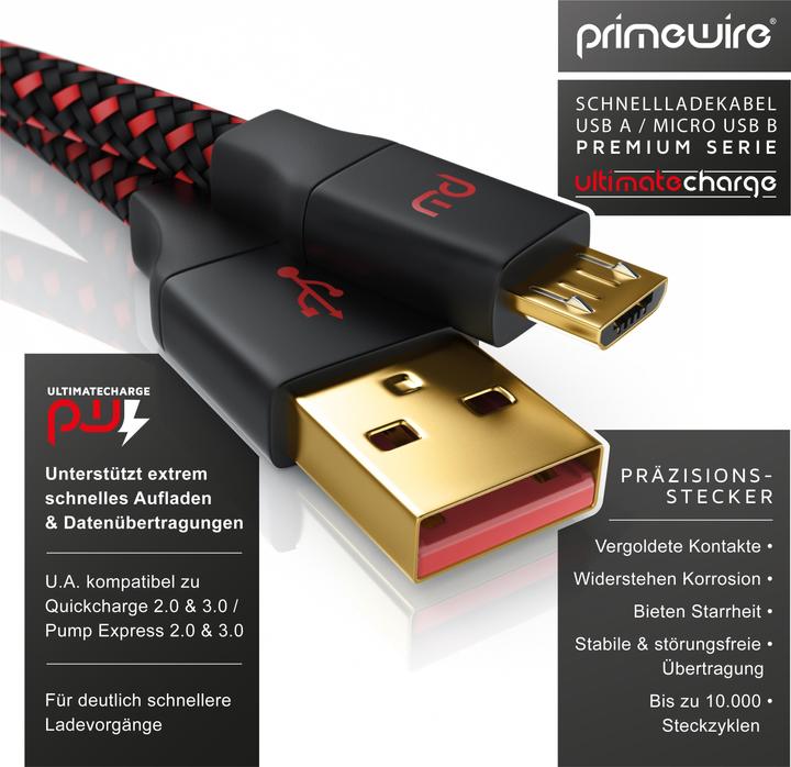 Actual product image Primewire Micro USB 2.0 to USB Type A Cable, UltimateCharge MicroUSB 2.0 Fast Charging Cable with Data (3 m, USB 2.0)