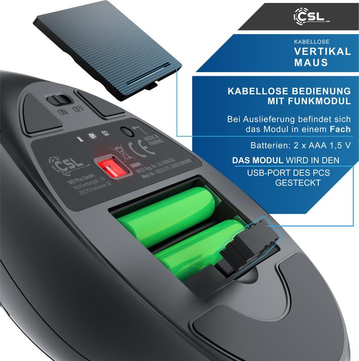 Produktbild CSL ergonomische Maus, Funk, Vertikal, optisch, kabellos, 2,4Ghz & Bluetooth, Armschonend, 2400 dpi (Kabellos)
